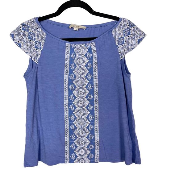 LOFT SP Small Petite Blue White Eyelet Embroidered Short Sleeve Top Boho Cotton - Picture 1 of 8
